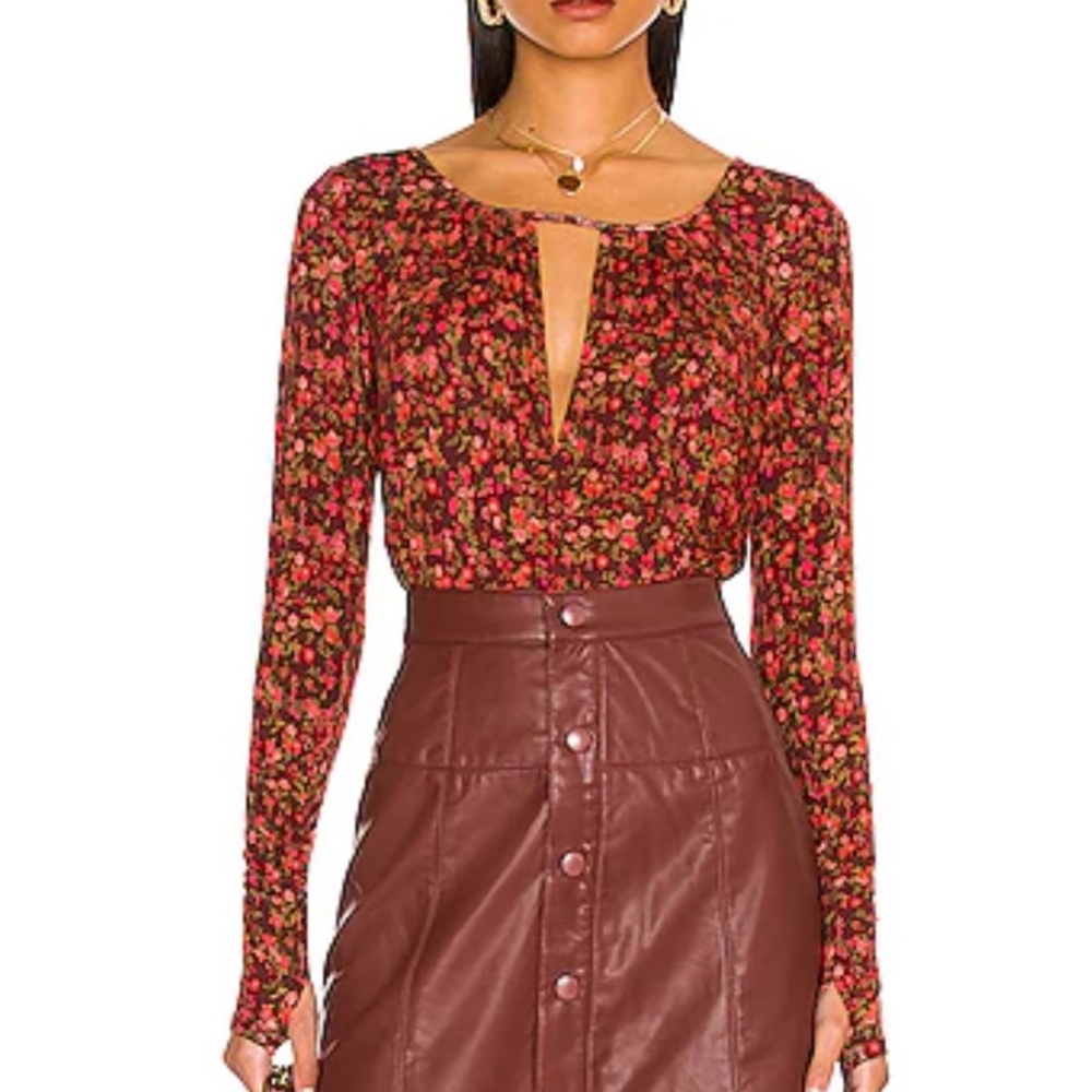 Free People Brown Floral Keyhole Bodysuit